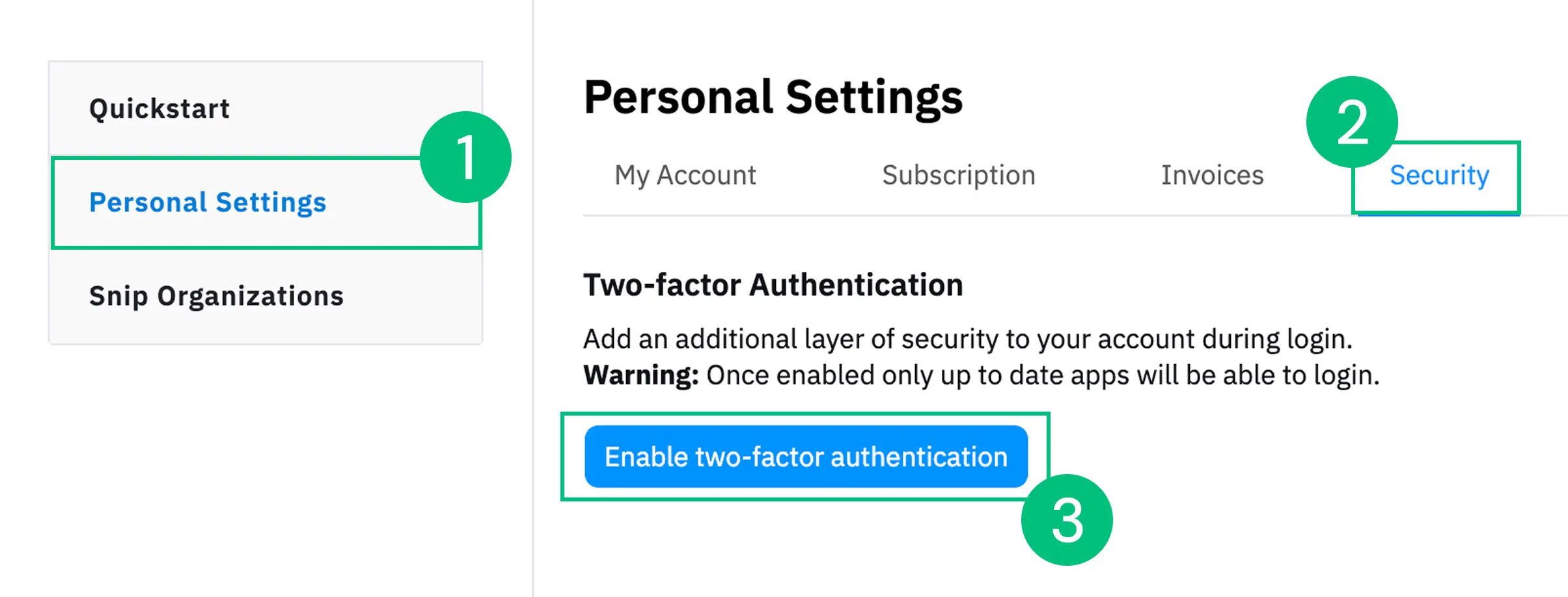 Showing the steps for clicking Personal Settings, click Security tab, click enable 2FA button