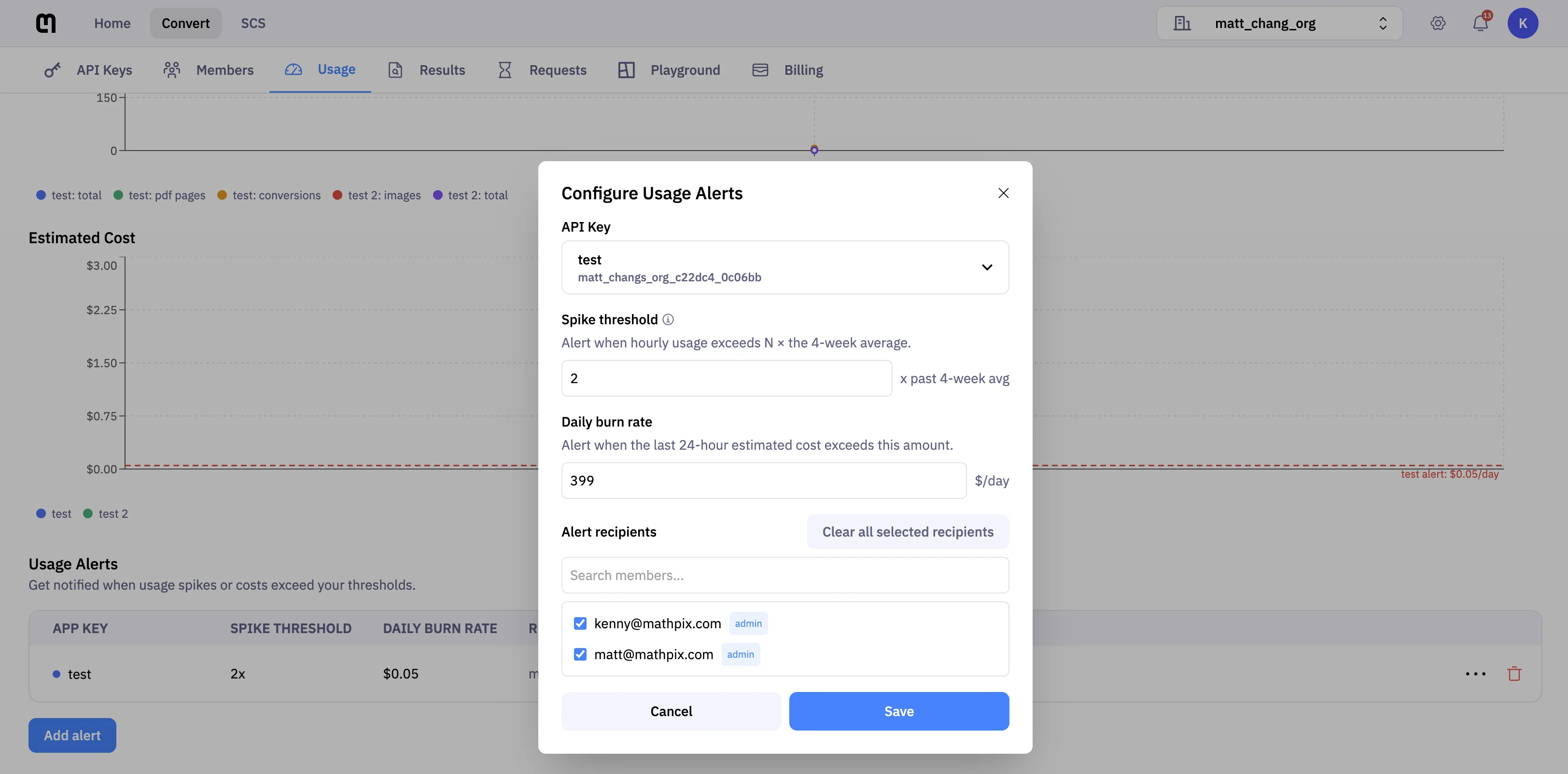 Configure Usage Alerts modal