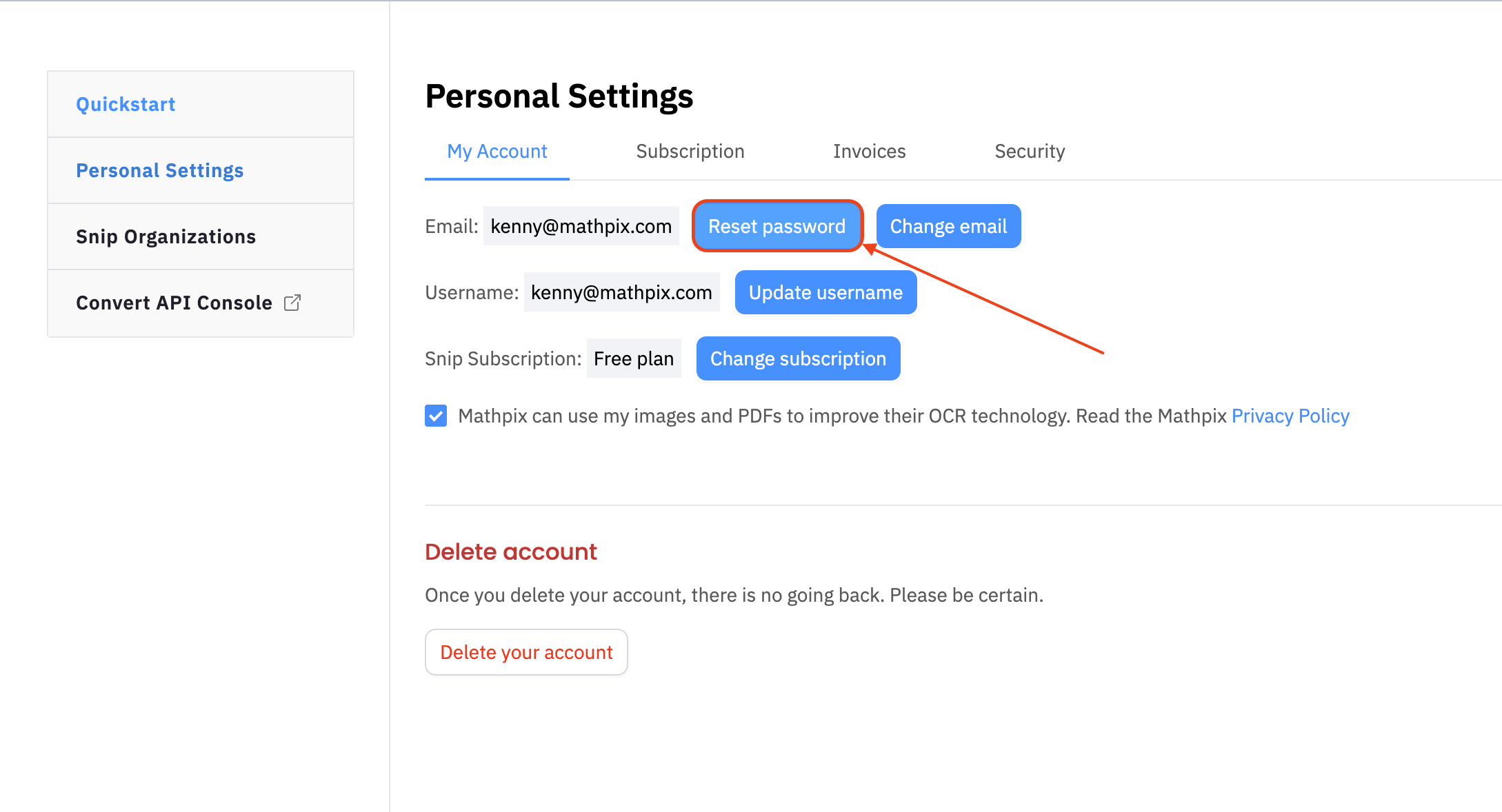 Reset password button